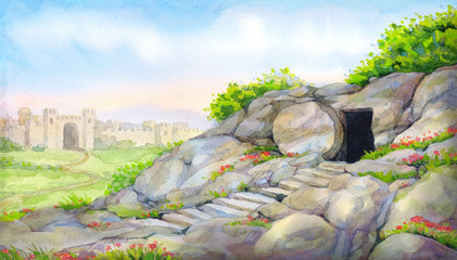 Open empty tomb. Watercolor painting