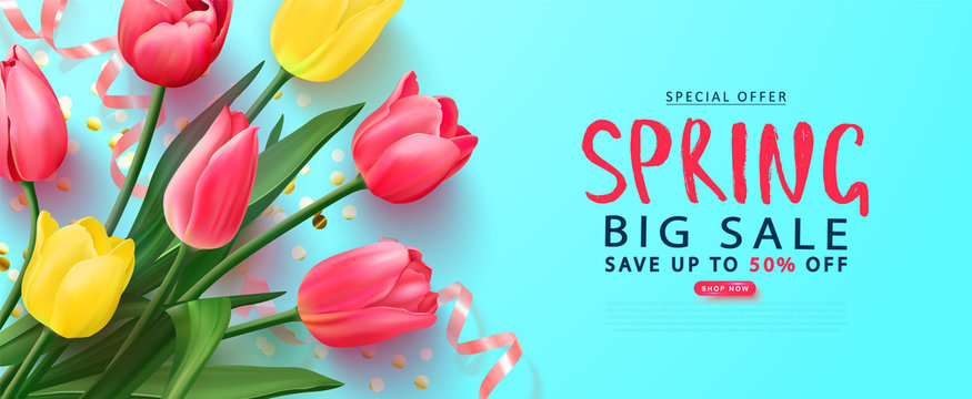 Spring big sale card with tulips and serpentine.Vector illustration. Template banners,Wallpaper,flyers, invitation, posters, brochure, voucher discount.