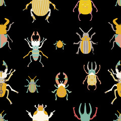 Vector seamless pattern background with bugs. black background.