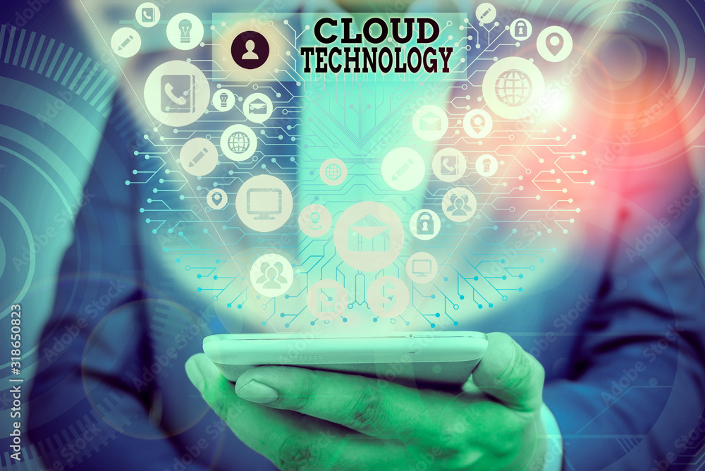Poster writing note showing cloud technology. business concept for on deanalysisd availability of computer 