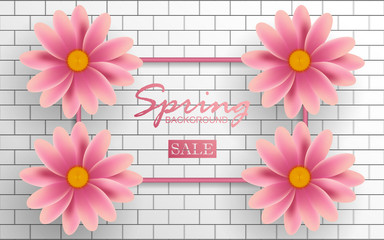 Beauty pink flower with square frame on white background. Realistic vector design concept for use spring theme, for use element cover, banner, greeting card, web, advertising, poster, flyer