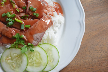 Barbecued red pork in sauce with rice, thai food