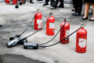 Bangkok, Thailand - 2018 : Fire evacuation drill, Safety training, use Fire extinguisher