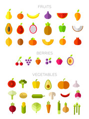 Collection of symbols of fruits, berries and vegetables in a flat style. Set vector illustration. Trendy design. White isolated. Flat design elements. Raw diet. Healthy, natural, organic food