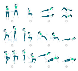 Vector illustration. Flat design, trendy style. White background isolated. HIIT, high intensity interval training, fitness exercise. Collection of characters of sports young girls. Work on yourself