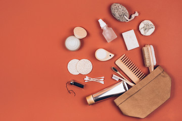 Zero waste cosmetics travel set. Flat lay style