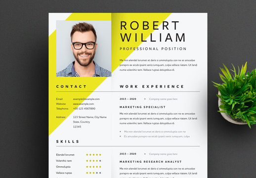 Resume Layout with Yellow Accent and Shadow Effect