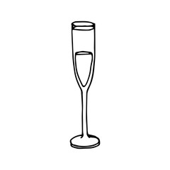 An elongated elegant glass with champagne. Vector trace drawing in sketch technique with black outline. Glass elongated glass with alcohol isolated on white