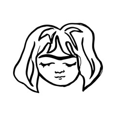 Portrait of a teenage girl with short hair and fused bushy eyebrows and closed eyes. Black ink sketch vector drawing isolated on white