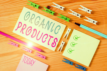 Conceptual hand writing showing Organic Products. Concept meaning made from materials produced by...