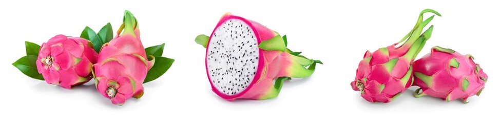 Ripe Dragon fruit, Pitaya or Pitahaya isolated on white background, fruit healthy concept. Set or collection