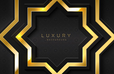 Realistic 3d background with glossy gold geometric shape. Vector geometric illustration on black surface. Graphic design element. Luxurious Elegant template