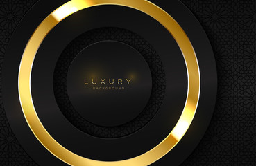 Realistic 3d background with shiny gold ring shape. Vector golden circle shape on black surface Graphic design element. Luxurious Elegant template