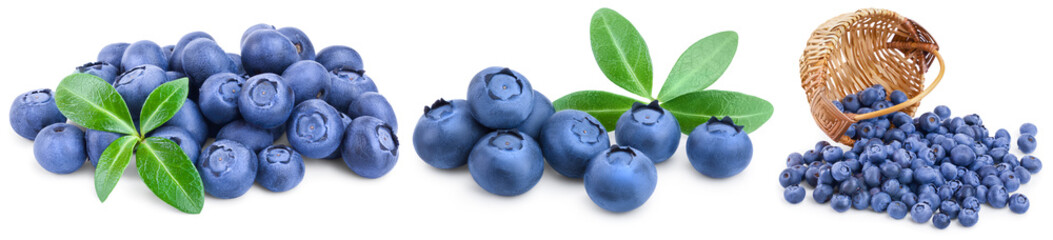 fresh blueberry with leaves isolated on white background closeup. Set or collection
