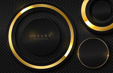 Realistic 3d background with shiny gold ring shape. Vector golden circle shape on black surface Graphic design element. Luxurious Elegant template