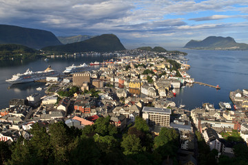 Fototapeta na wymiar top view of the art nouveau city of alesund in Norway