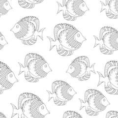 seamless pattern Fish, ornamental graphic fish, floral line pattern. Vector. Zentangle doodle. Coloring book page for adult. Hand drawn artwork. concept for restaurant menu card. Black and white
