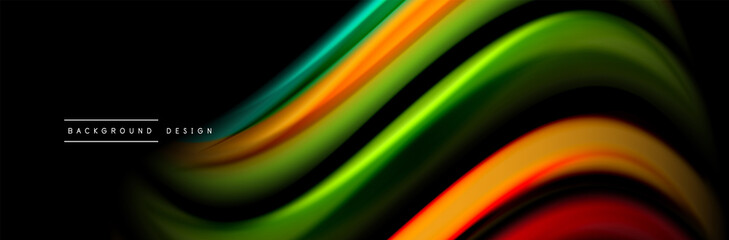 Silk and smooth flow wave poster design. Color waves, liquid style lines and shapes in black color background