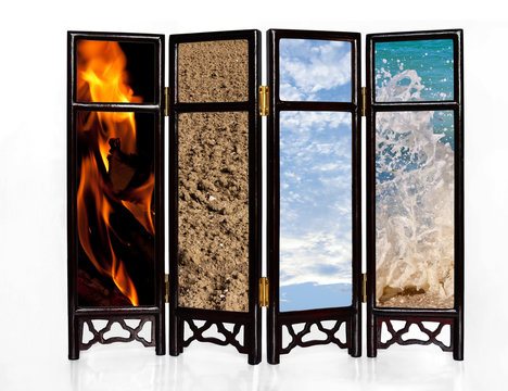 The four basic elements of fire, earth, air and water on an oriental screen
