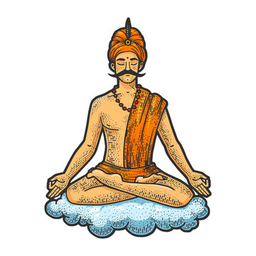 Yogi meditating and floating on cloud sketch engraving vector illustration. Scratch board style imitation. Black and white hand drawn image.
