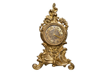 A large, standing clock made of brass with ornaments, isolated on a white background with a clipping path.