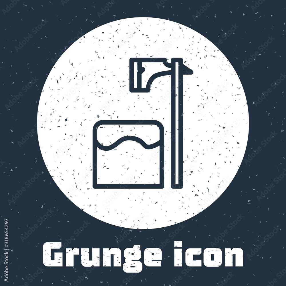 Poster grunge line executioner axe in tree block icon isolated on grey background. hangman, torturer, execu