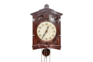 Large wall clock made of wood, isolated on a white background with a clipping path.
