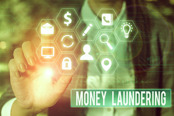 Conceptual hand writing showing Money Laundering. Concept meaning concealment of the origins of...