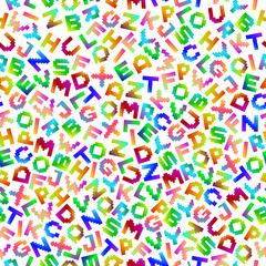 Colorful seamless vector alphabet pattern with pixel latin letters. Vibrant repeatable background. Bright unusual design