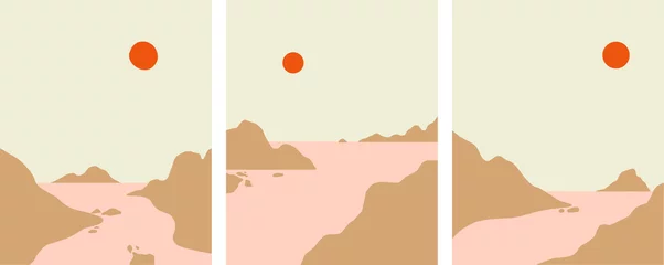 Foto op Plexiglas Minimalist landscape design, flat scenery postcard,nordic scandinavian design,poster set mountains lake sunset earthy tones  color palette © Levin
