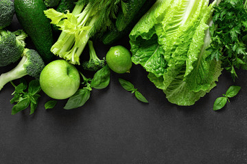 Healthy food, fresh raw green organic fruits and leafy vegetables, clean eating, vegetarian food...