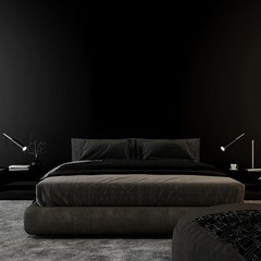 Metal decor next to bed in dark unicolor bedroom interior with mockup of poster. 3d render