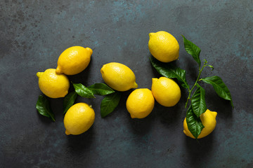 Fresh lemons with leaves, summer citrus lemonade ingredient