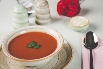 fresh tomato soup in a bowl