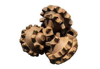 Worn tricone rock bit / drill bit against white background