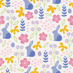 Easter seamless pattern with bunny, flowers, leaves, berries and eggs