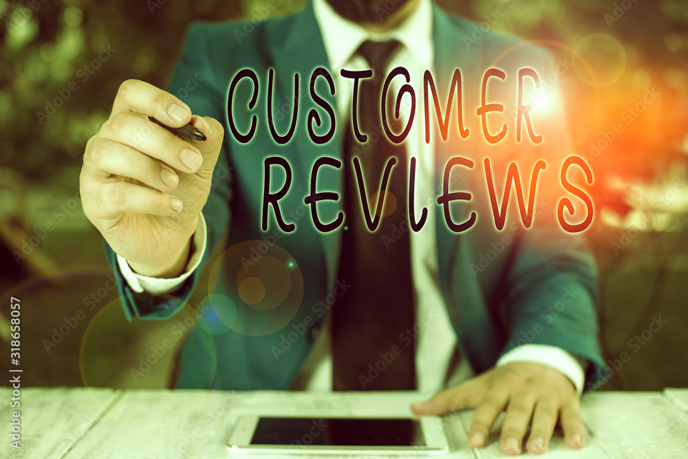 Poster conceptual hand writing showing customer reviews. concept meaning review of a product or service mad