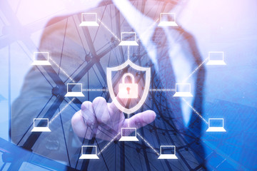 Blockchain technology,Internet security,AntiVirus software concept, Encrypted computer and server and businessman in background