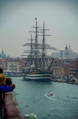 Italian marine or navy sailing cadetship or training ship Amerigo Vespucci docked in port of...
