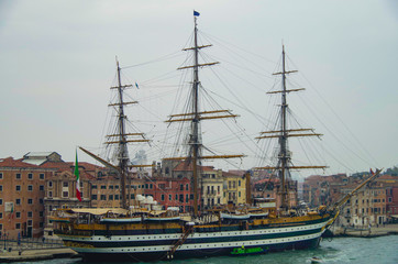 Italian marine or navy sailing cadetship or training ship Amerigo Vespucci docked in port of...