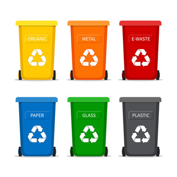 Garbage bin with recycle icon for trash. Container dustbin for paper, plastic, glass, organic, e-waste in flat style.Set of containers for garbage. vector