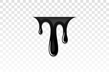 Drip paint 3D. Ink stain. Drop melt liquid isolated on white transparent background. Splash of chocolate, oil, blood. Black graffiti. Splatter syrup, candy sauce, caramel. Vector illustration