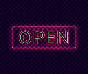 Neon open. Violet neon open sign on transparent background. Glowing laser banner. Design signboard template with open text and lights. Square sign. vector illustration