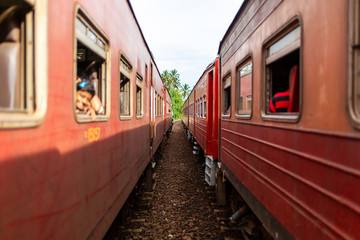 Obraz premium People communicate from the windows of various trains stopped at the station