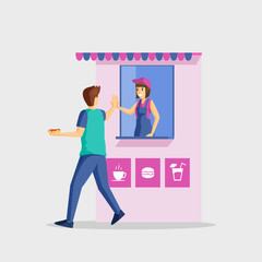 People and fast food stall flat vector illustration. Service satisfaction, farewell gesture. Male customer and female shop assistant cartoon characters isolated on white background