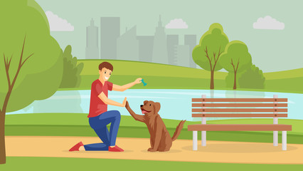 Boy playing with puppy outside flat vector illustration. Guy and four-legged friend walking outdoor together. Friendship, positive emotions, young man training pet in park cartoon character