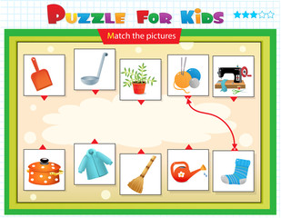 Matching game, education game for children. Puzzle for kids. Match the right object. Housework.