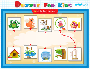 Matching game, education game for children. Puzzle for kids. Match the right object. Cartoon animals with their homes.