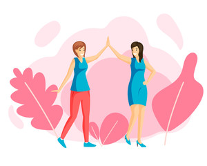 Fototapeta na wymiar Smiling young girls giving high five, friends flat vector illustration. Women friendship, family walk, recreation, rest together. Female friends holding hands, happy sisters cartoon characters