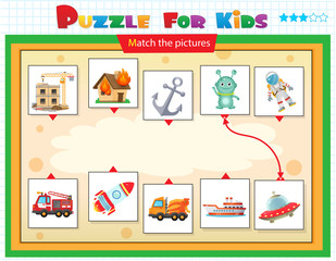 Obraz premium Matching game, education game for children. Puzzle for kids. Match the right object. Transport.